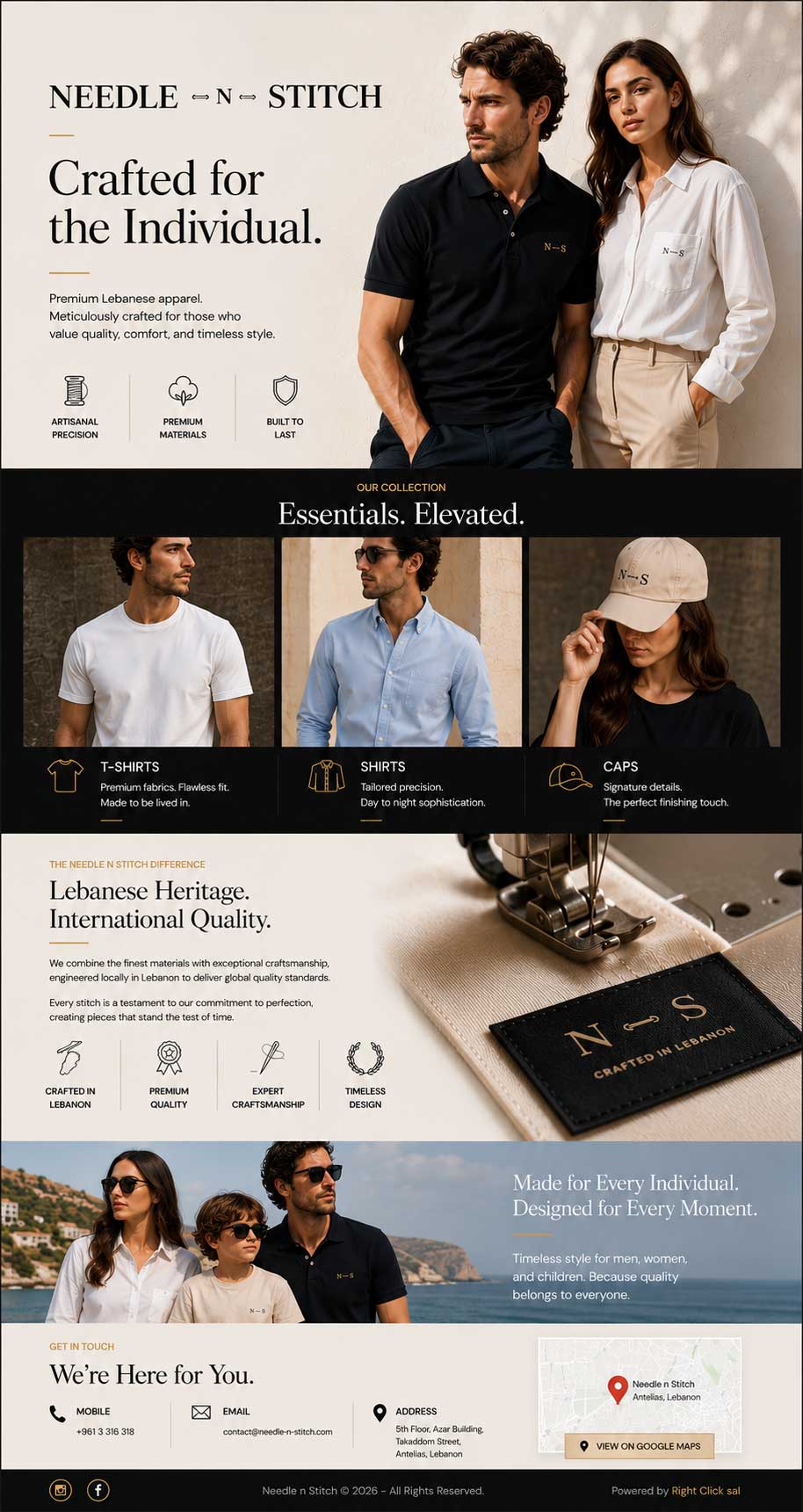 Needle n Stitch – Premium Lebanese apparel brand. Crafted for the Individual. Shop t-shirts, tailored shirts, and signature caps. Lebanese heritage, international quality, crafted in Antelias, Lebanon.
